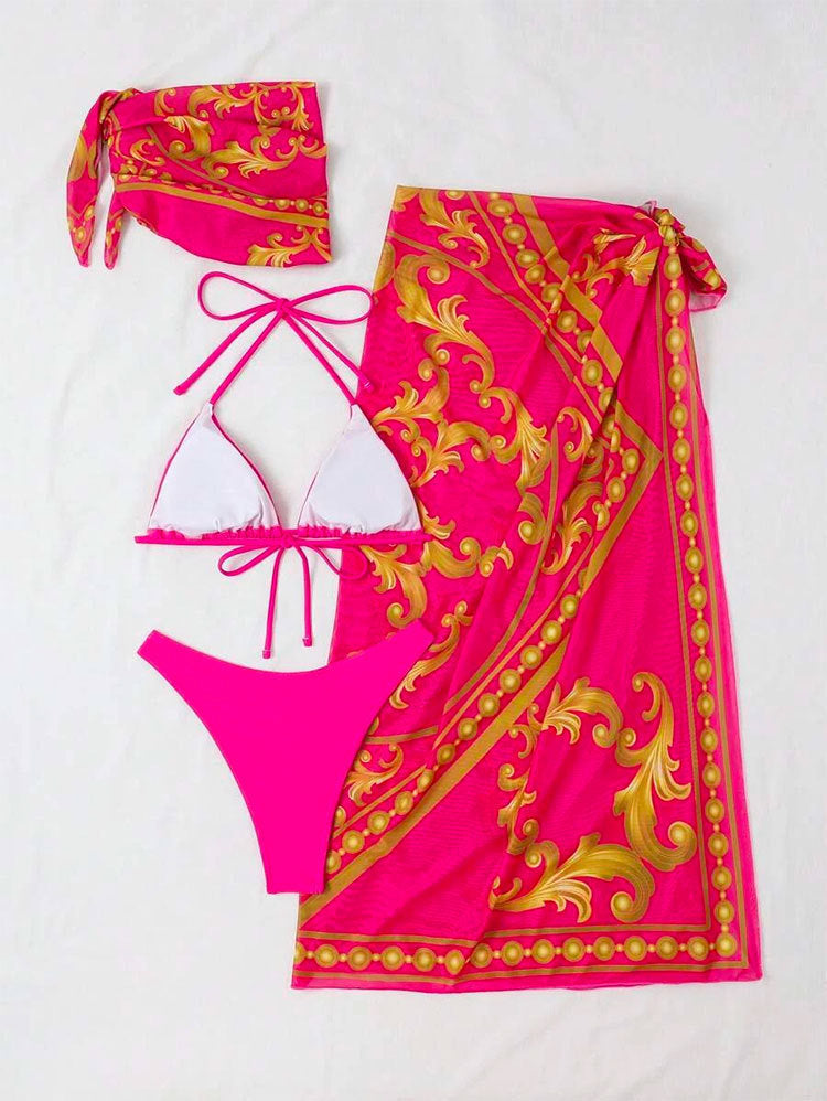 Vintage Print Lace-up Bikini Swimsuit Three-piece Suit trendy