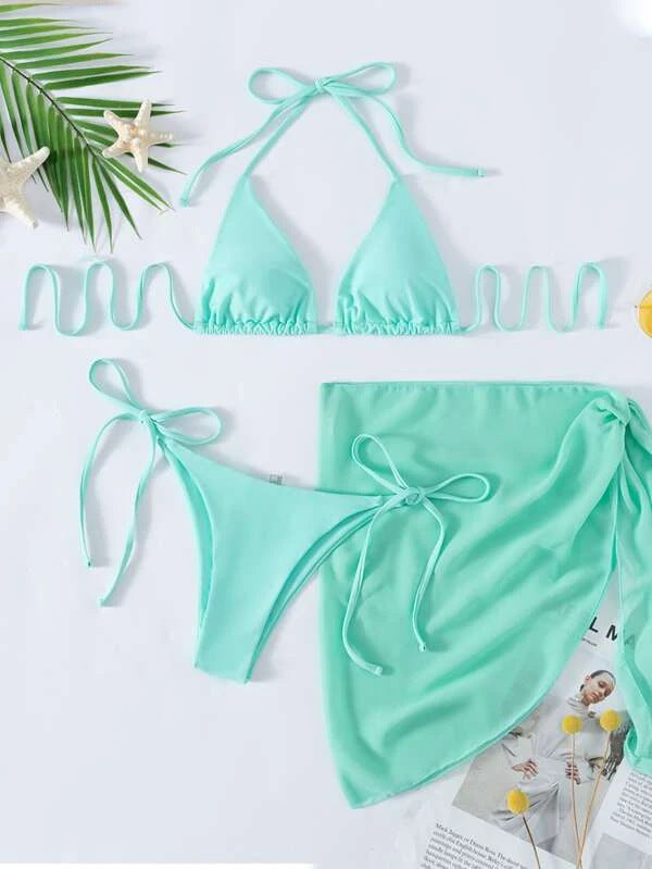 European & American Solid Color Triangle Cup Lace-up Bikini Set – Trendy Three-Piece Swimsuit