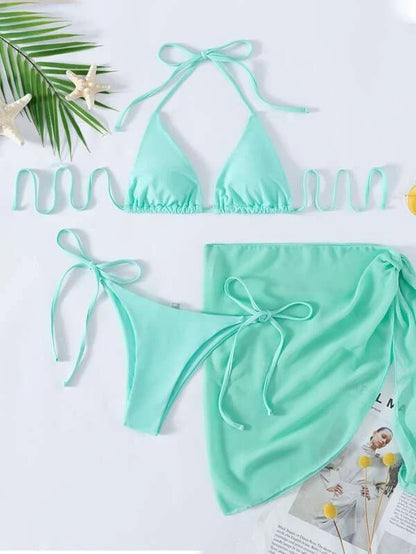 European & American Solid Color Triangle Cup Lace-up Bikini Set – Trendy Three-Piece Swimsuit