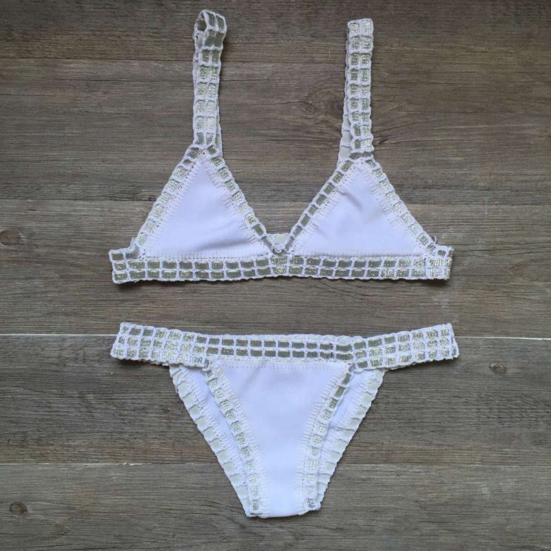 European & American Sexy Hand Crochet Colorful Bikini Set - Spell Color Rubber Ladies Knitted Swimwear for Wholesale