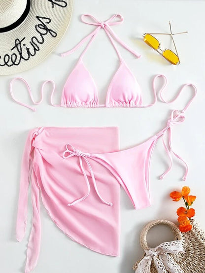 European & American Solid Color Triangle Cup Lace-up Bikini Set – Trendy Three-Piece Swimsuit
