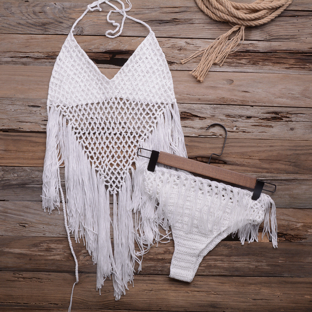 Hand-Woven Beach Hollow Tassel Split Swimsuit Set