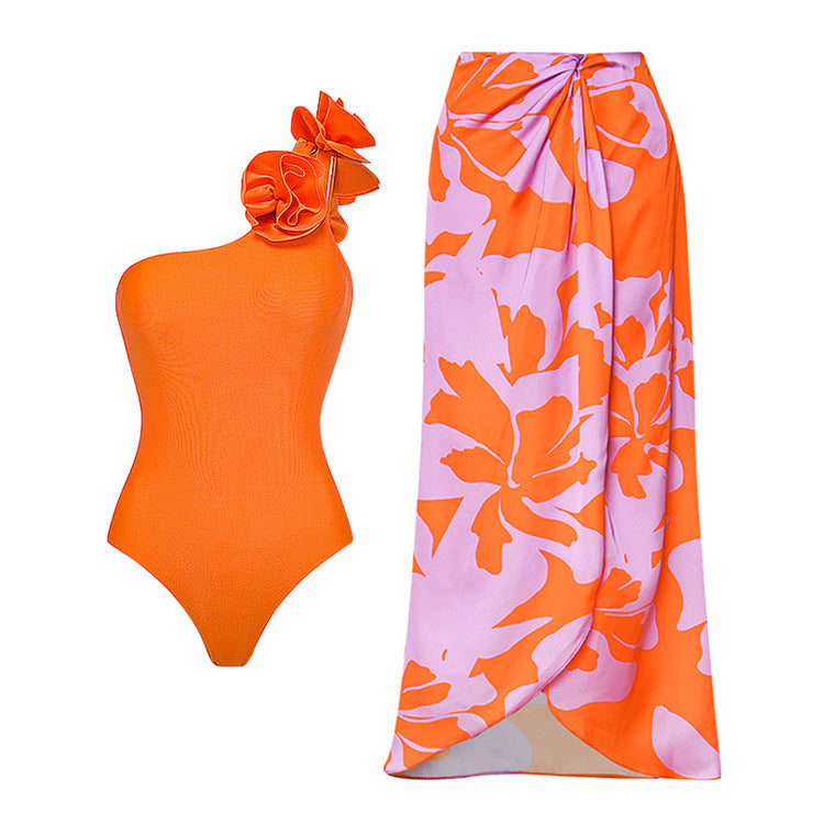 Chic Oblique Shoulder Flower One-Piece Swimsuit with Skirt
