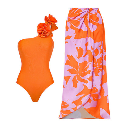 Chic Oblique Shoulder Flower One-Piece Swimsuit with Skirt