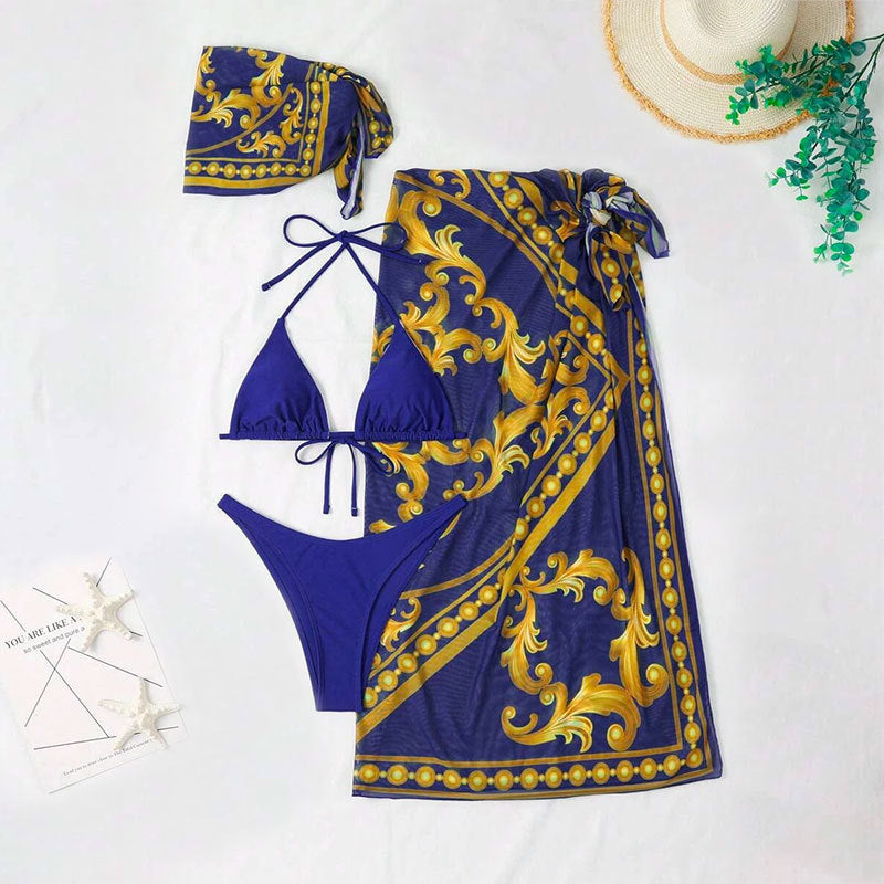 Vintage Print Lace-up Bikini Swimsuit Three-piece Suit trendy