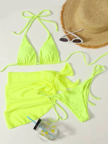 European & American Solid Color Triangle Cup Lace-up Bikini Set – Trendy Three-Piece Swimsuit
