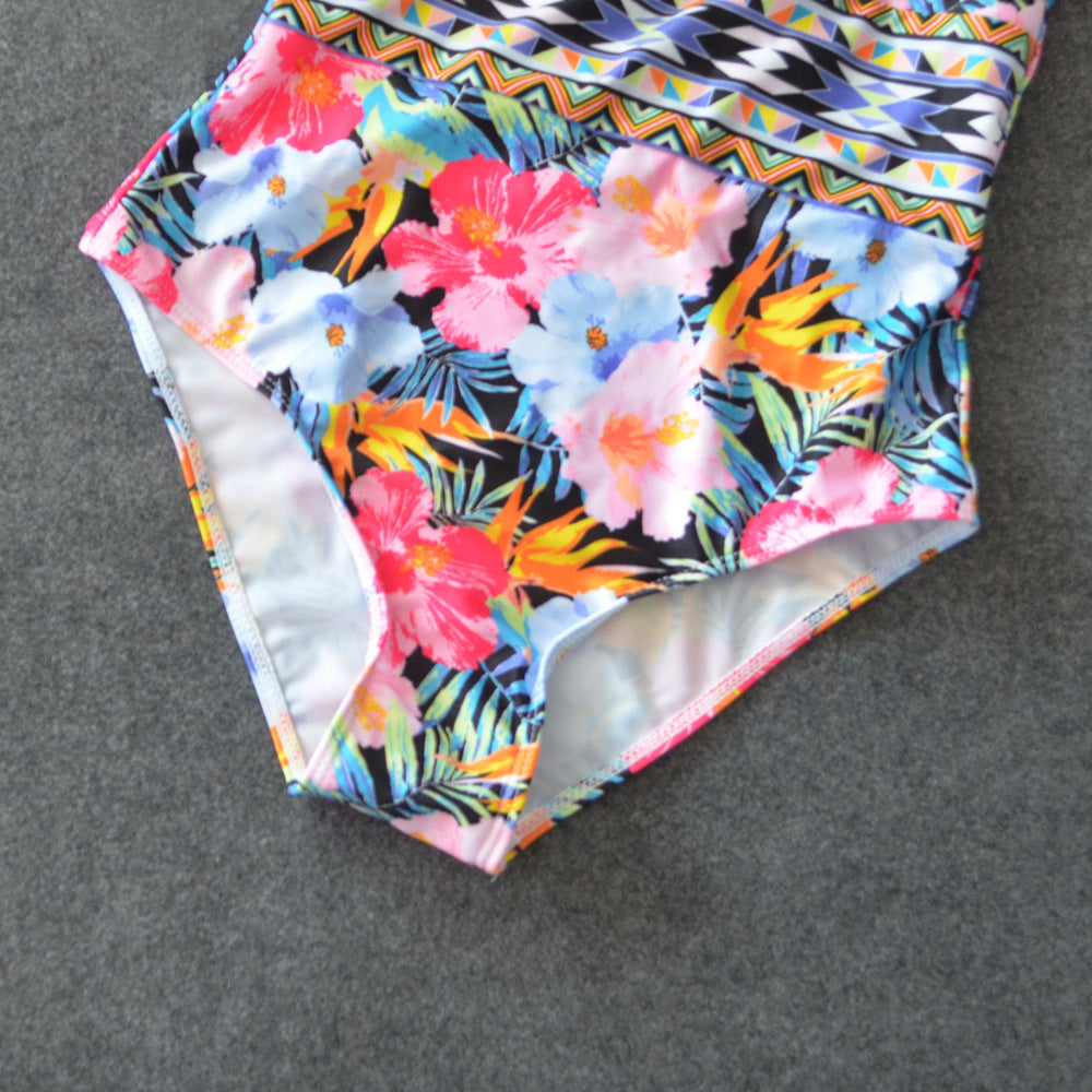 Sexy Mesh One Piece Swimsuit - High Cut Swimwear Women Floral Bathing Suit Patchwork Bikini