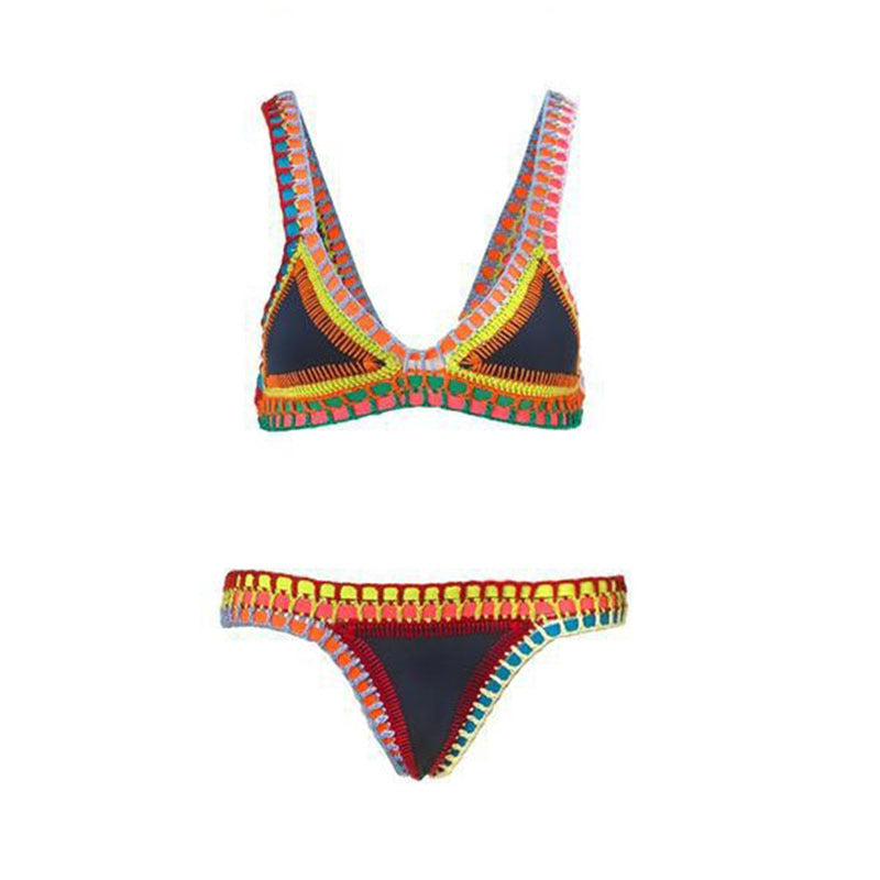 European & American Sexy Hand Crochet Colorful Bikini Set - Spell Color Rubber Ladies Knitted Swimwear for Wholesale