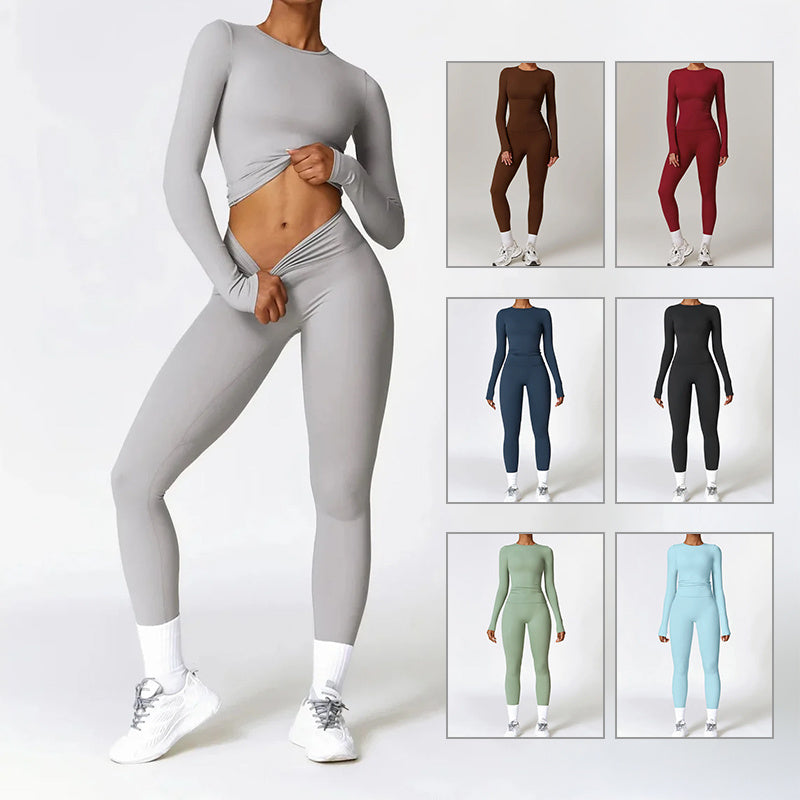 Tight-fitting trendy Brushed Yoga Suit Quick-drying Fitness Clothes  Fitness Long Sleeve Tracksuits Sports Suit Gym Top High Waist Leggings Women Sets Yoga Set