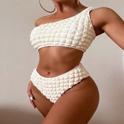 New Solid Color Women's One Shoulder High Waist Split Swimsuit trendy