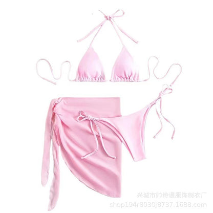 European & American Solid Color Triangle Cup Lace-up Bikini Set – Trendy Three-Piece Swimsuit