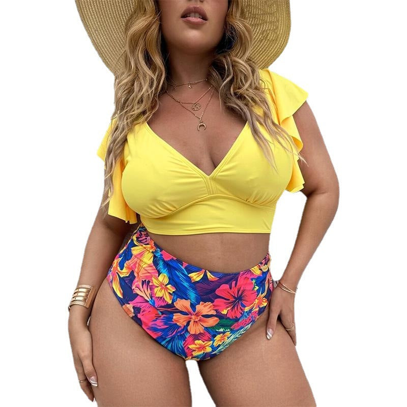 Split Bikini Gathering Ruffle Print High Waist Swimsuit Women trendy