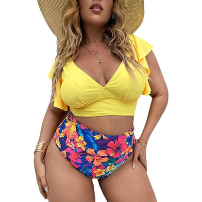 Split Bikini Gathering Ruffle Print High Waist Swimsuit Women trendy