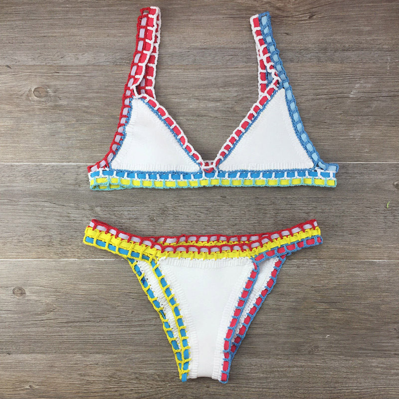 European & American Sexy Hand Crochet Colorful Bikini Set - Spell Color Rubber Ladies Knitted Swimwear for Wholesale