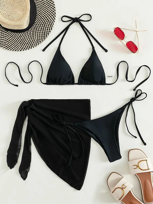European & American Solid Color Triangle Cup Lace-up Bikini Set – Trendy Three-Piece Swimsuit
