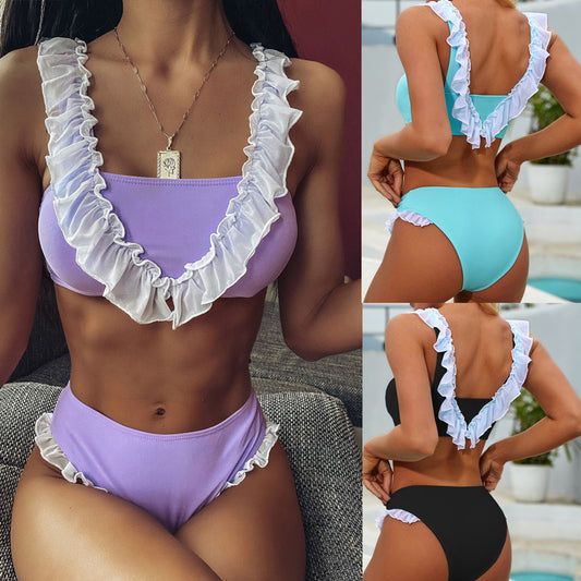 Women's Solid Color Ruffled Bikini Split Swimsuit trending