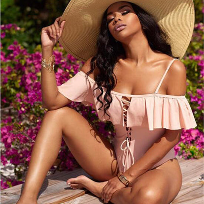 Ruffled Sling One-Piece Swimsuit Bikini – Trendy Beachwear with Flirty Ruffle Detail