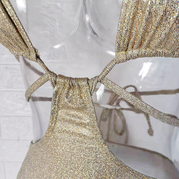 Two-Piece Beach Swimwear Set In Gold Foil Stamped Fabric trendy