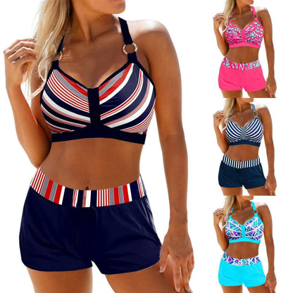 Multi-color Stripe Printed Strap Boxer High Waist Bikini