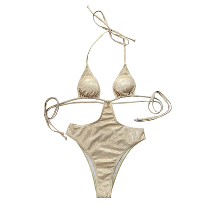 Two-Piece Beach Swimwear Set In Gold Foil Stamped Fabric trendy