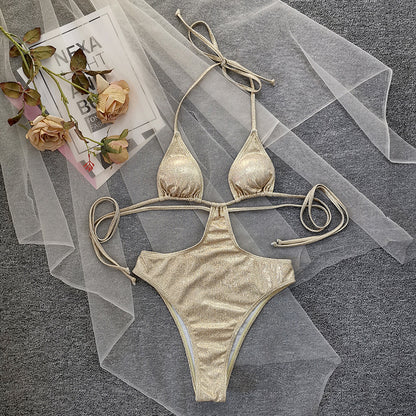 Two-Piece Beach Swimwear Set In Gold Foil Stamped Fabric trendy