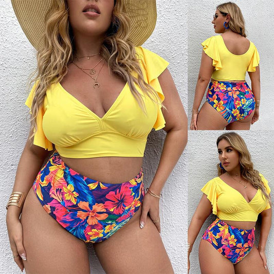 Split Bikini Gathering Ruffle Print High Waist Swimsuit Women trendy