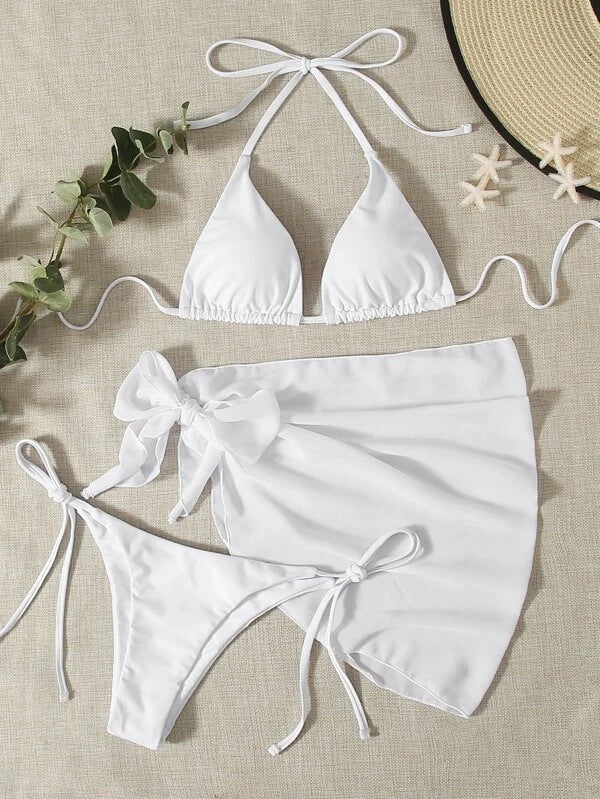 European & American Solid Color Triangle Cup Lace-up Bikini Set – Trendy Three-Piece Swimsuit