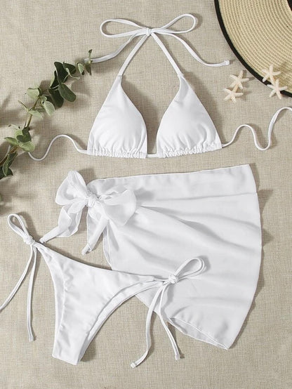 European & American Solid Color Triangle Cup Lace-up Bikini Set – Trendy Three-Piece Swimsuit