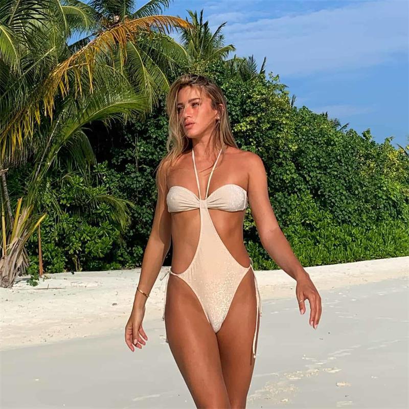 Lace-up One-piece Swimsuit Women's Halter Design Sense legging