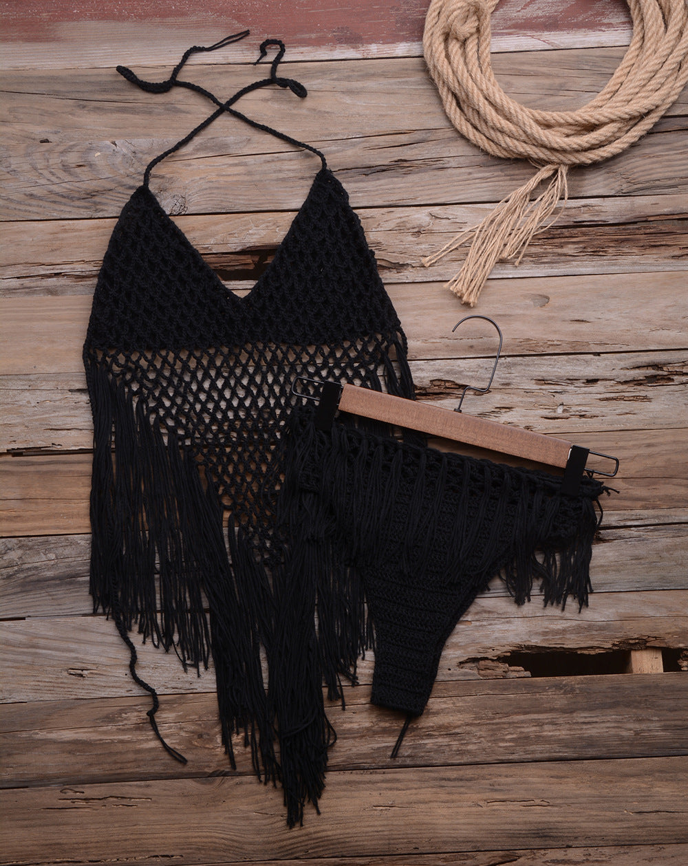 Hand-Woven Beach Hollow Tassel Split Swimsuit Set