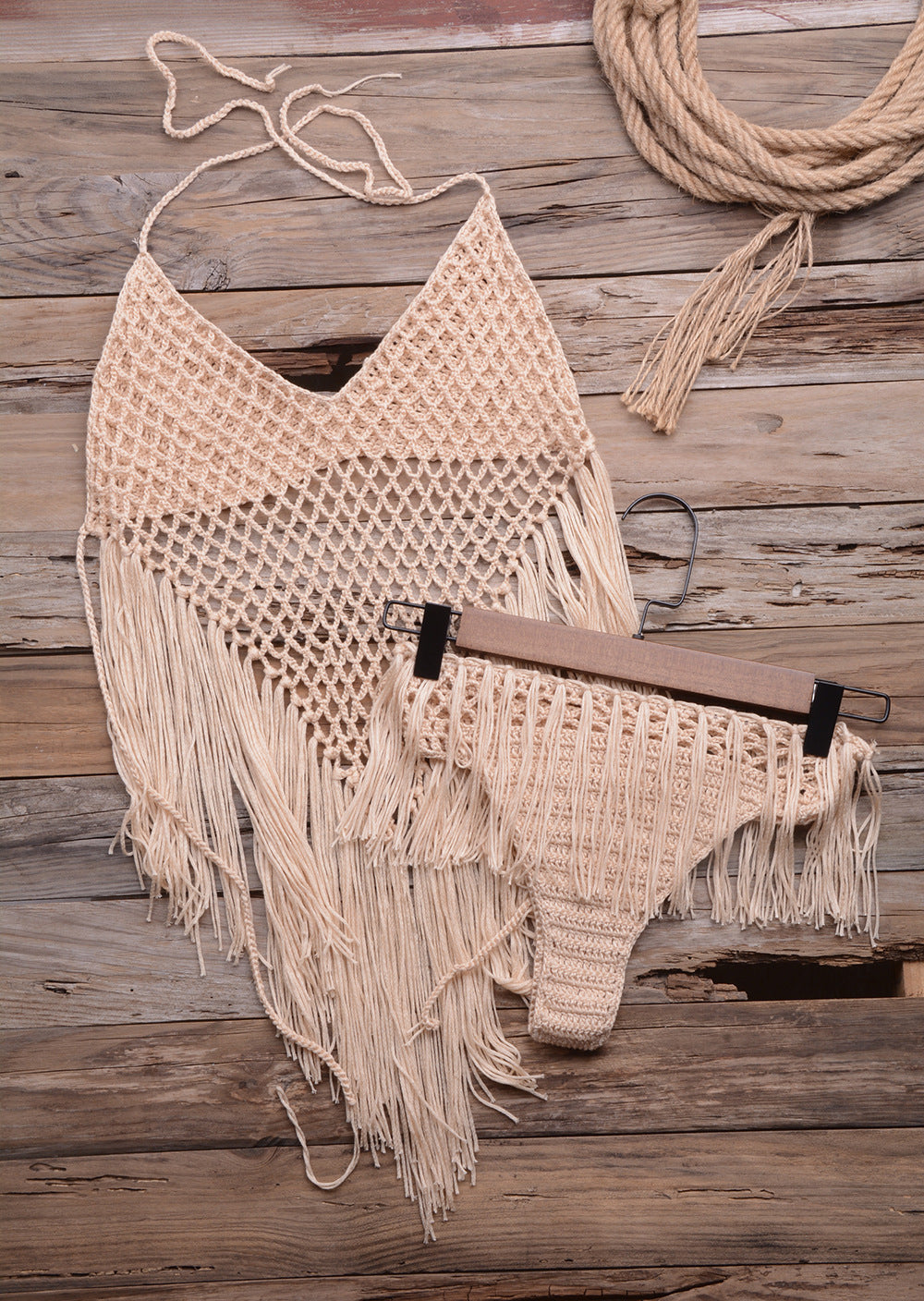 Hand-Woven Beach Hollow Tassel Split Swimsuit Set