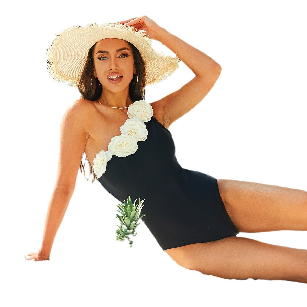 Solid Color One-Piece Flower Swimsuit - Elegant Floral Swimwear for Women