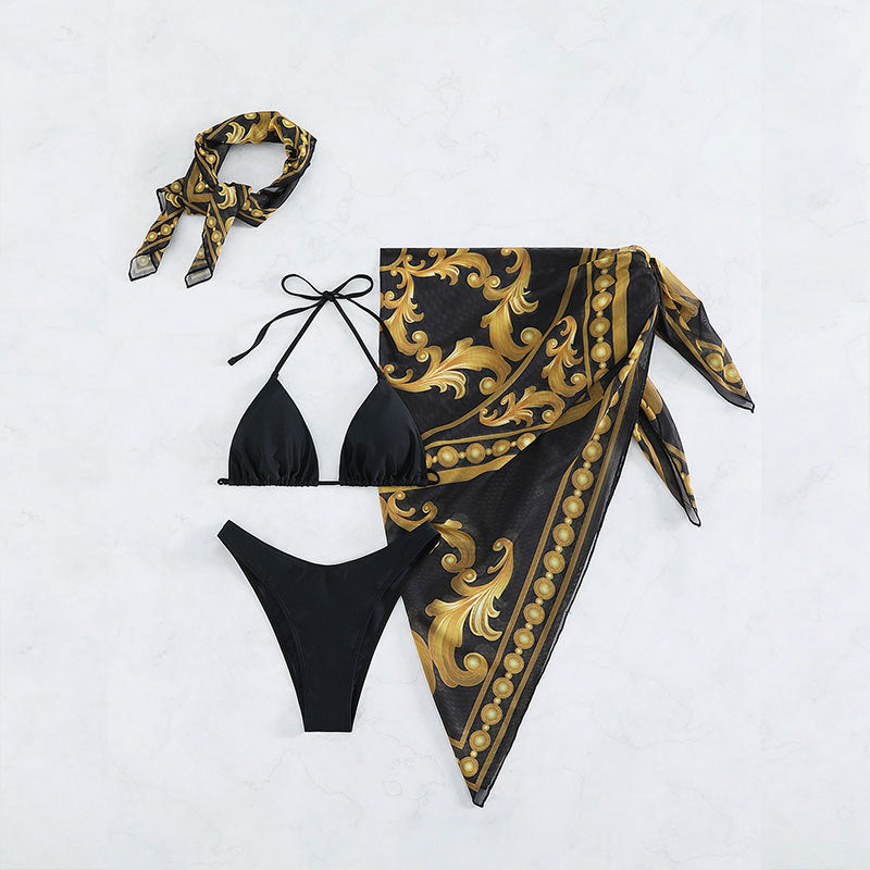 Vintage Print Lace-up Bikini Swimsuit Three-piece Suit trendy