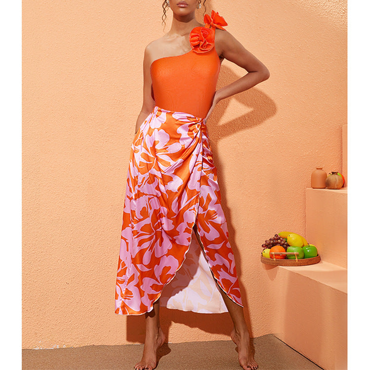 Chic Oblique Shoulder Flower One-Piece Swimsuit with Skirt