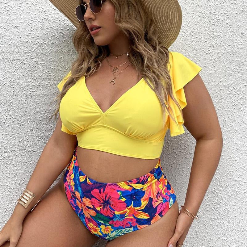 Split Bikini Gathering Ruffle Print High Waist Swimsuit Women trendy