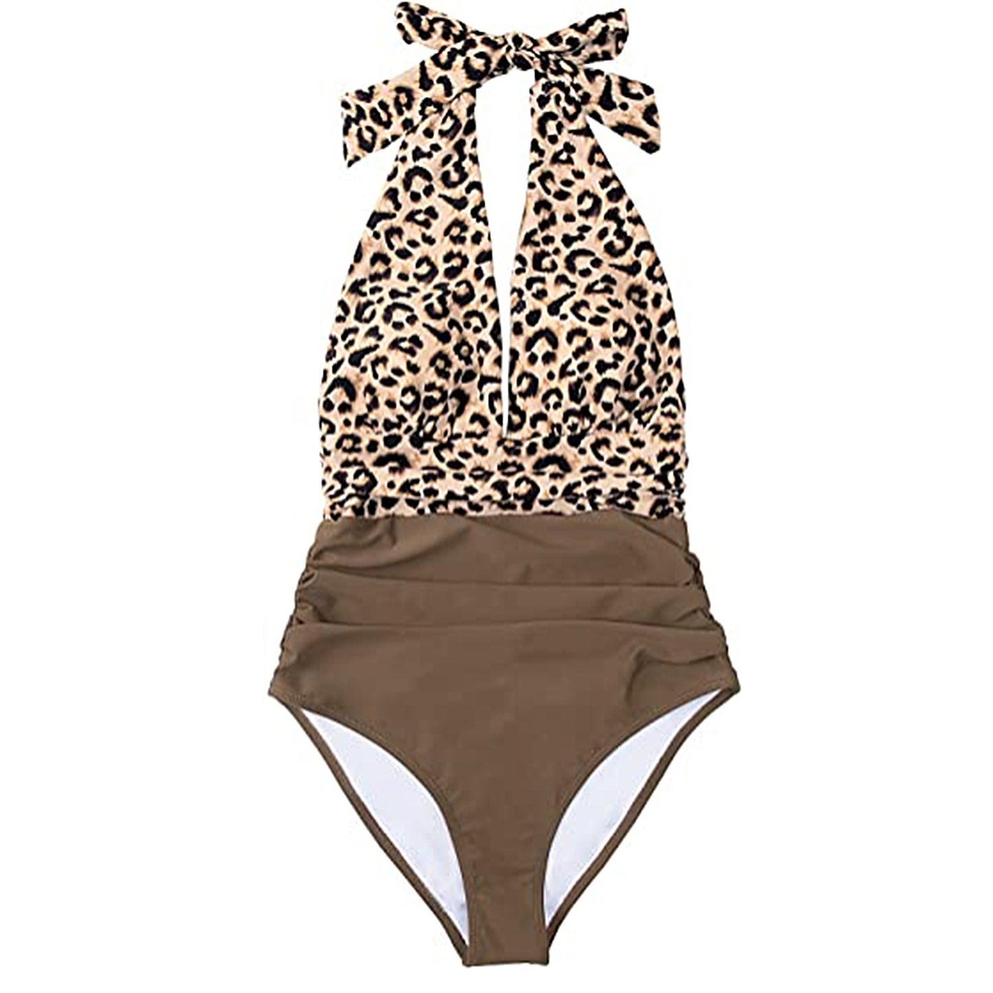 Halter Backless Bikini Waist Print Leopard Color Block One-Piece Swimsuit for Women