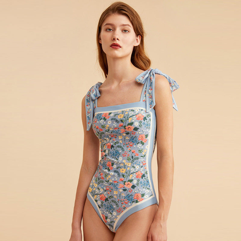 Vintage French Double Sided Print Slim One-Piece Swimsuit